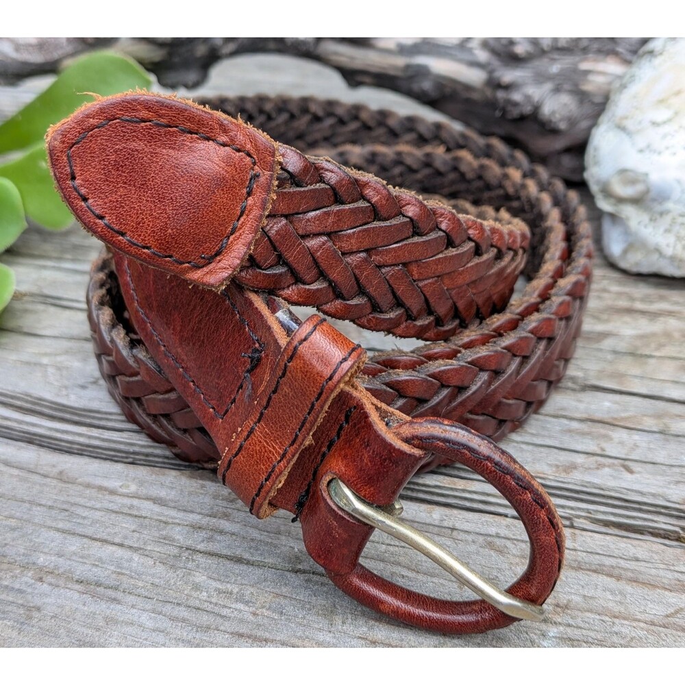 Vintage Mexican Made Brown Woven Leather Mens Dress Belt